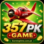 357PK Game logo with a red airplane, gold coins, green background, and Earningtime.com.pk branding.